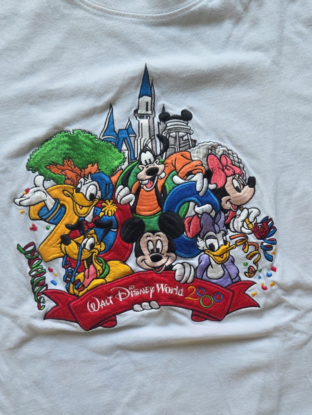 Vintage Disney White Short Sleeve Tee with Colorful Mickey & Friends Embroidery